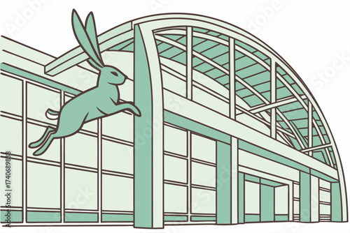 Sacramento International Airport in California, glass terminal with “Leap” rabbit sculpture soaring inside atrium