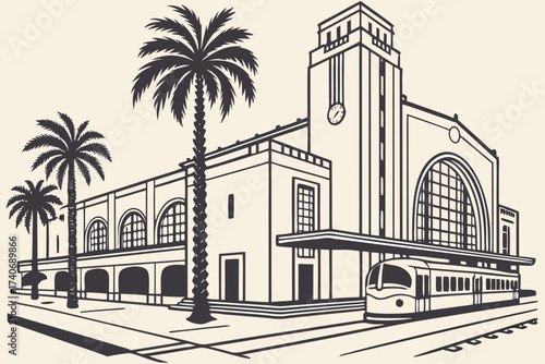 Sacramento Valley Station in California, Art Deco exterior with palm-lined plaza and trains nearby