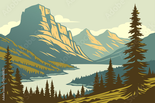 Saint Mary Lake in Glacier National Park, Montana, alpine lake with Wild Goose Island and towering cliffs