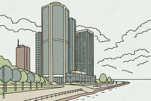 Renaissance Center Towers in Detroit, Michigan, gleaming glass cylinders overlooking riverfront