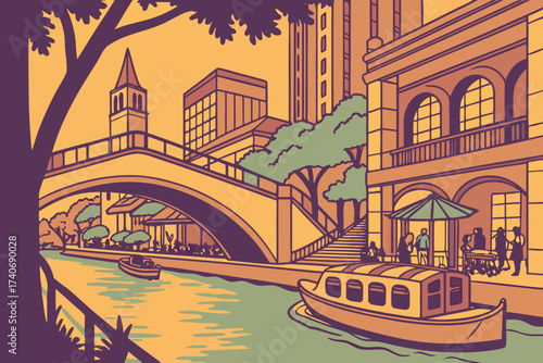 River Walk Street in San Antonio, Texas, riverside pedestrian street with glowing cafes and boats