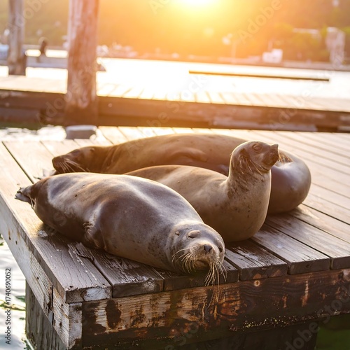 Wallpaper Mural Seals resting on a wooden dock at sunset Torontodigital.ca