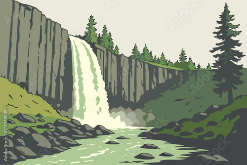 Rainbow Falls in Devils Postpile National Monument, California, 101-foot waterfall plunging beside basalt columns