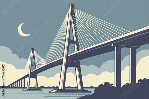 Ravenel Bridge in Charleston, South Carolina, soaring cable-stayed span glowing white against evening sky