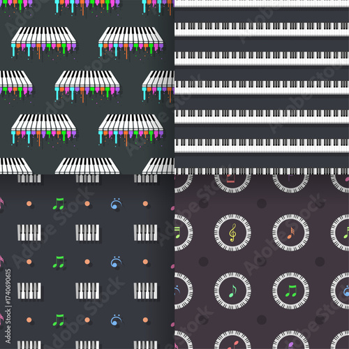 Set Seamless Pattern Abstract Elements Concert, Performance, Music Piano Keys Notes Vector Design Style Background Illustration Texture For Prints Textiles, Clothing, Gift Wrap, Wallpaper, Pastel