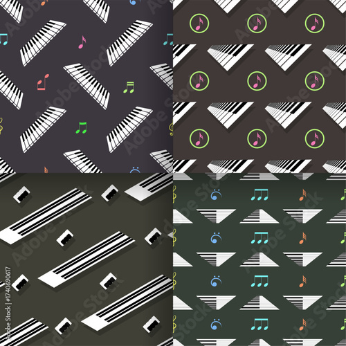 Set Seamless Pattern Abstract Elements Concert, Performance, Music Piano Keys Notes Vector Design Style Background Illustration Texture For Prints Textiles, Clothing, Gift Wrap, Wallpaper, Pastel