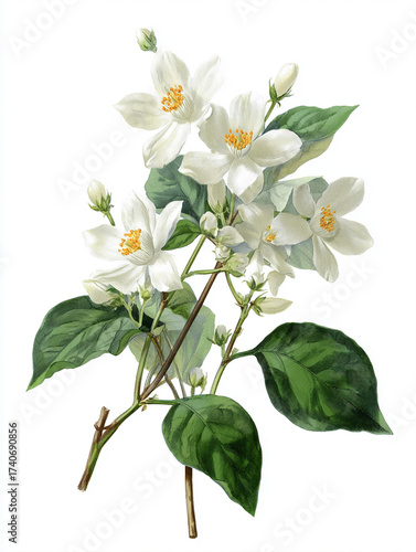 Wallpaper Mural a botanical illustration of a white jasmine, white solid background. Torontodigital.ca