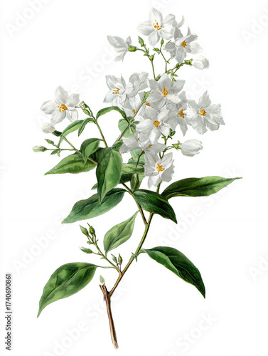 Wallpaper Mural a botanical illustration of a white jasmine, white solid background. Torontodigital.ca
