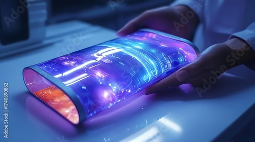 Flexible display technology with vibrant neon lights and a futuristic design