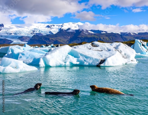 Wallpaper Mural Seals swimming amidst icebergs in a glacier lagoon Torontodigital.ca
