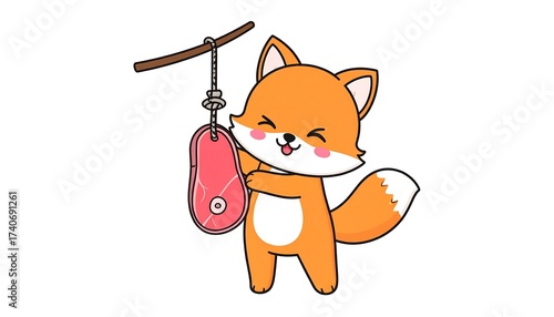 A Cute Fox Character Holding a Piece of Meat on a White Background