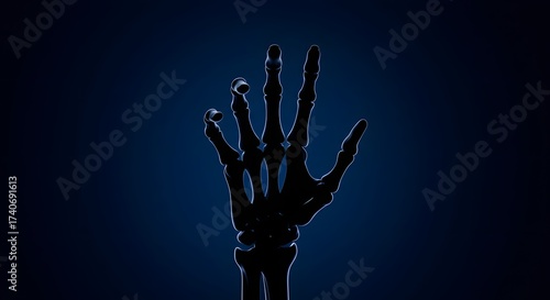 Eerie skeletal hand silhouette emerging from dark blue, a symbol of mortality and the unknown