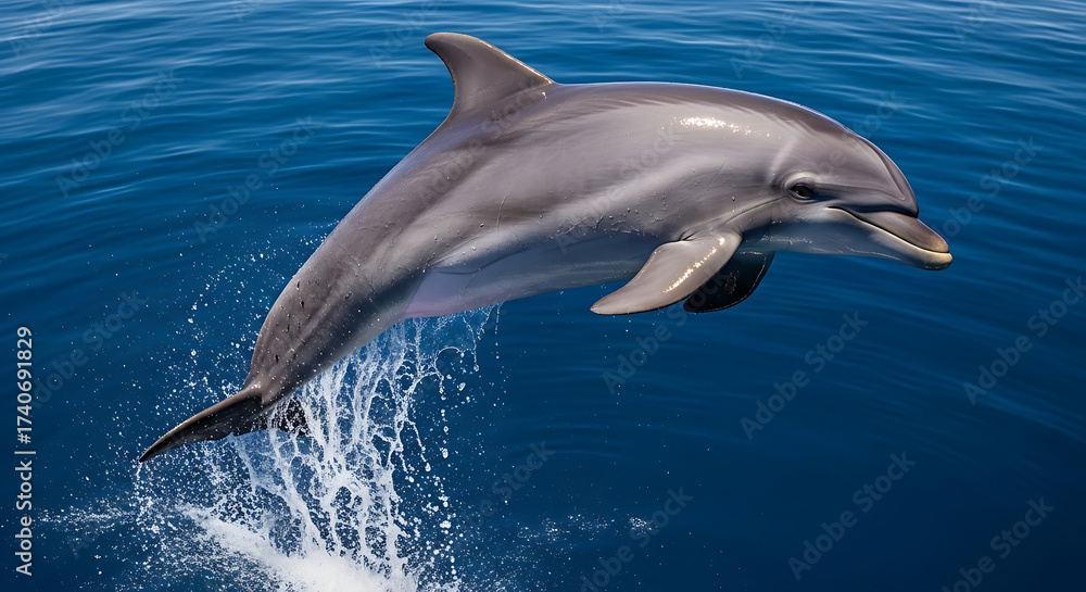 Fototapeta premium A graceful dolphin leaps from the ocean, showcasing its sleek physique and the vibrant blue water surrounding it