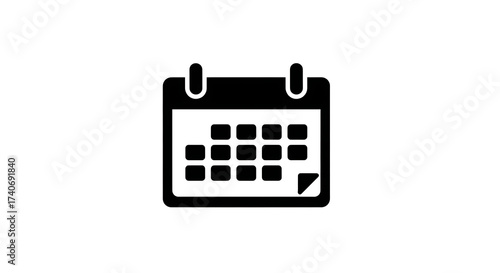 A black and white calendar icon showing a month view with a page peel and a simple design style ai generated