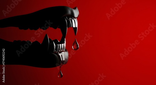 Mysterious Vampire Fangs Dripping Blood on Red Background