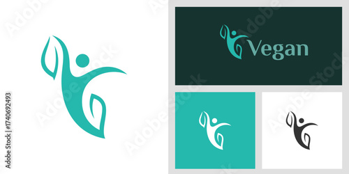 Healthy Life Vegan Logo Design with Abstract Human and Leaf Symbol Wellness and Vegetarian Lifestyle Graphic Concept for Organic, Eco, and Natural Branding