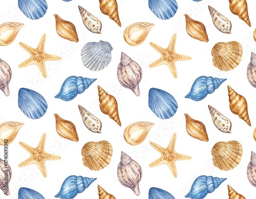 Wallpaper Mural Seamless pattern of seashells and starfish.  Watercolor style Torontodigital.ca