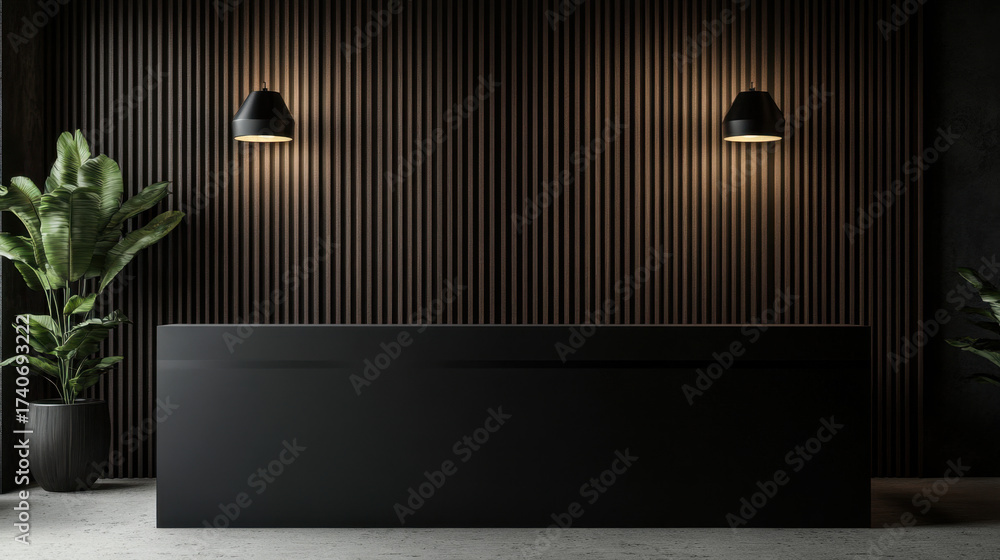 Obraz premium Sleek black reception counter mockup with LED strip lighting modern interior design lobby contemporary visitor corporate business workspace decor