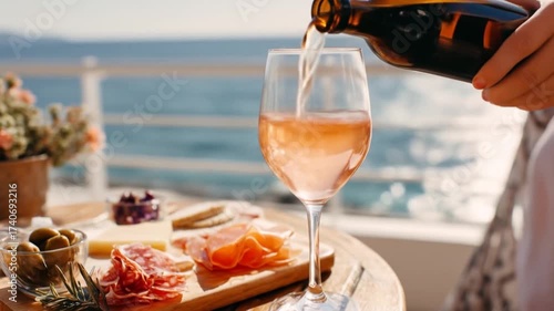 Rose wine being poured into glass with charcuterie on table near water