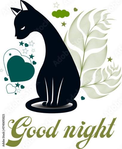 Abstract good night vector typographic greeting card. Good night typography with cute sleeping cat silhouette for sweet lovely dream