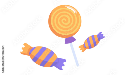 Colorful lollipop and wrapped candy collection for kids and party graphics