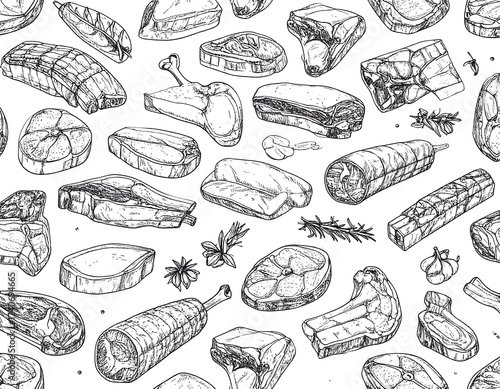 Wallpaper Mural Seamless pattern of various meat cuts and herbs.  Hand-drawn style Torontodigital.ca