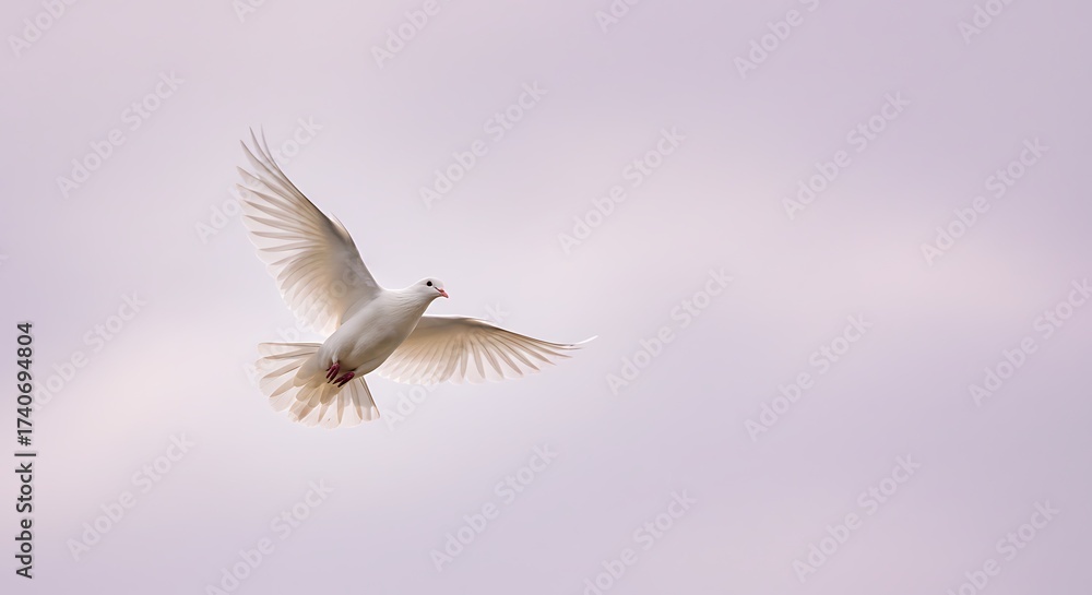 Fototapeta premium White dove in flight against a soft cloudy background