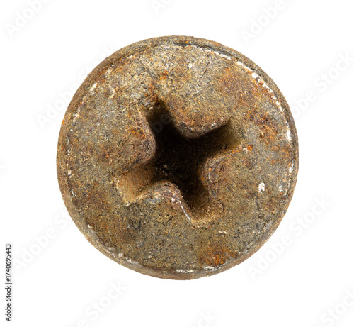 A rusty bolt head isolated on a white background