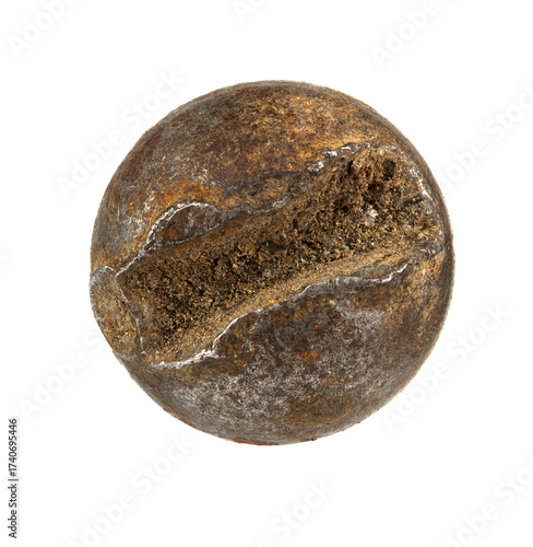 A rusty bolt head isolated on a white background