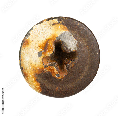 A rusty bolt head isolated on a white background