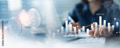 Business, finance and investment concept. Business woman analyzing and calculating financial data with economic graph growth chart, Business strategy and planning. digital market research