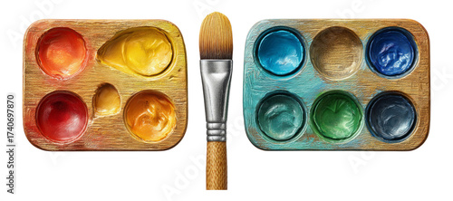 Colorful Paint Palette with Brush on Isolated Transparent Background