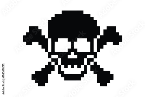 Pixelated Skull and Crossbones Icon on White Background, Retro Style