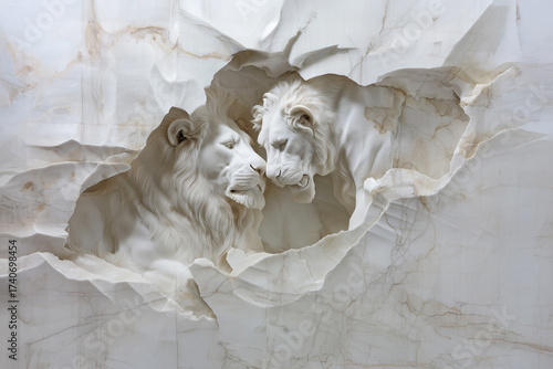 A three-dimensional mural carved into a wall of lions