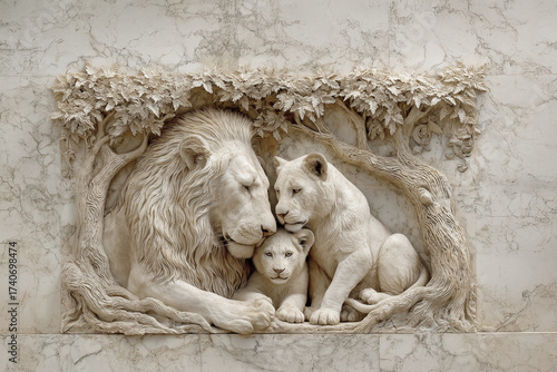 A three-dimensional mural carved into a wall of lions