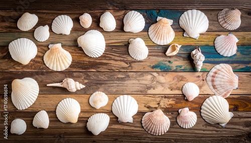 Wallpaper Mural Seashells arranged on a wooden surface Torontodigital.ca