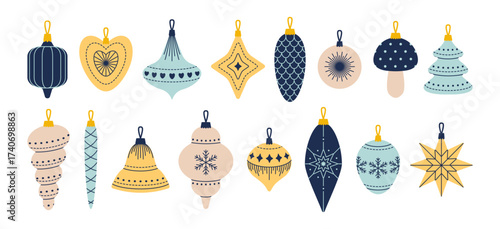 Christmas Tree Ornaments. Colorful vivid Christmas Balls in yellow and blue colors. Winter holiday decorations, festive season. Vector set isolated on white background