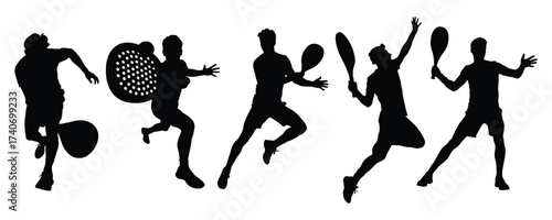 Padel Tennis Player Silhouettes Collection of Sport Action Poses with Racket on White Background
