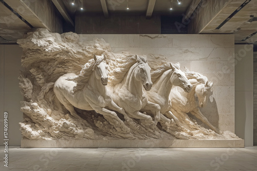 A three-dimensional mural carved into a wall of horses