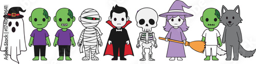 Cartoon Halloween Characters in Costumes – Ghost, Zombie, Vampire, Witch, Skeleton, Mummy, Werewolf – Fun Kids Party Vector Illustration