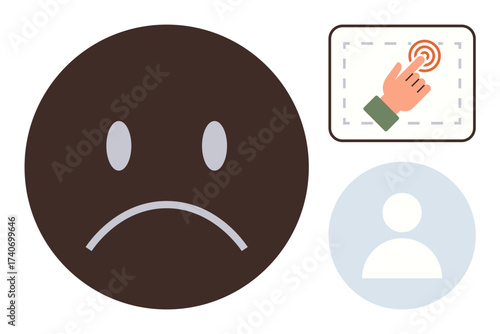 Brown sad face symbol next to a login profile icon and tap gesture. Ideal for user experience, negative feedback, mood, identity, interface design, interaction, and simplicity concepts. A simple flat