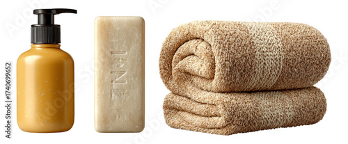 Shampoo Bottle, Soap Bar, and Towel Arrangement on Isolated Background