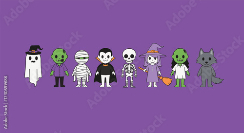Cartoon Halloween Characters in Costumes – Ghost, Vampire, Witch, Skeleton, Mummy, Frankenstein, Wolf – Fun Kids Party Vector Illustration