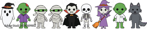 Cartoon Halloween characters lineup with ghost, zombie, mummy, vampire, skeleton, witch, werewolf in festive costume for spooky celebration