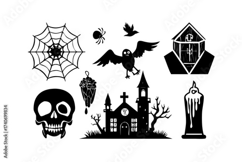 Halloween silhouettes with spiderweb and skull