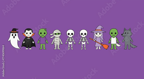 Cartoon Halloween characters set with ghost, vampire, mummy, skeleton, witch cat, monster, werewolf in fun spooky costume collection