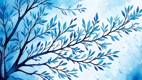Abstract watercolor style art combination of art blue and blue themed background. Tree branches textured art with sense of colors