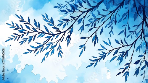 Abstract watercolor style art combination of art blue and blue themed background. Tree branches textured art with sense of colors