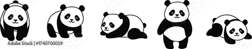 Cartoon Panda Poses Collection – Cute Standing, Walking, Lying Down, Relaxing Bear Characters for Kids, Education, and Animal Design Projects