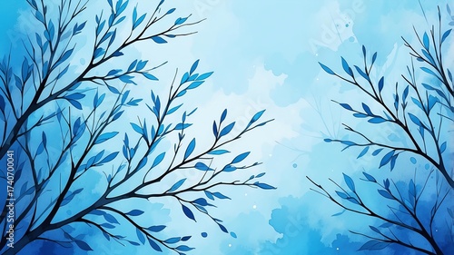 Abstract watercolor style art combination of art blue and blue themed background. Tree branches textured art with sense of colors